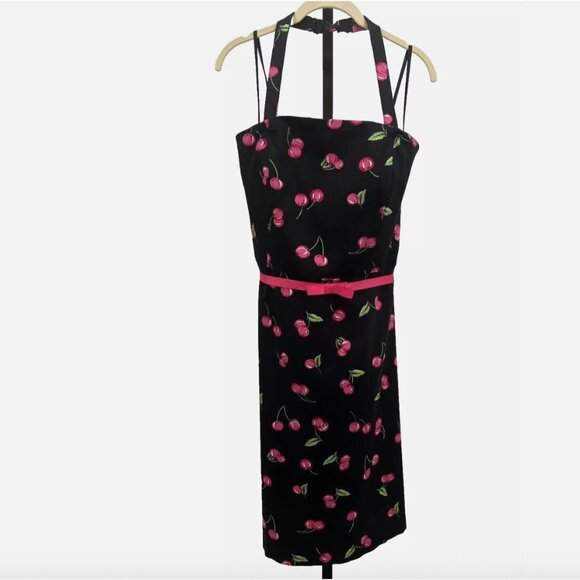 Julian Taylor Vintage Cherry Print Halter Fit + Flare Dress - Size 12 - Picture 3 of 14